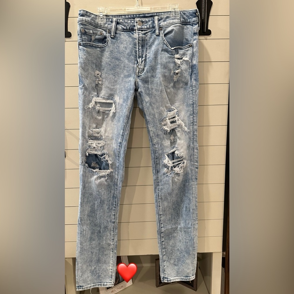 Like New American Eagle AirFlex+ Ripped Stonewashed Men's Skinny Jeans 34x34